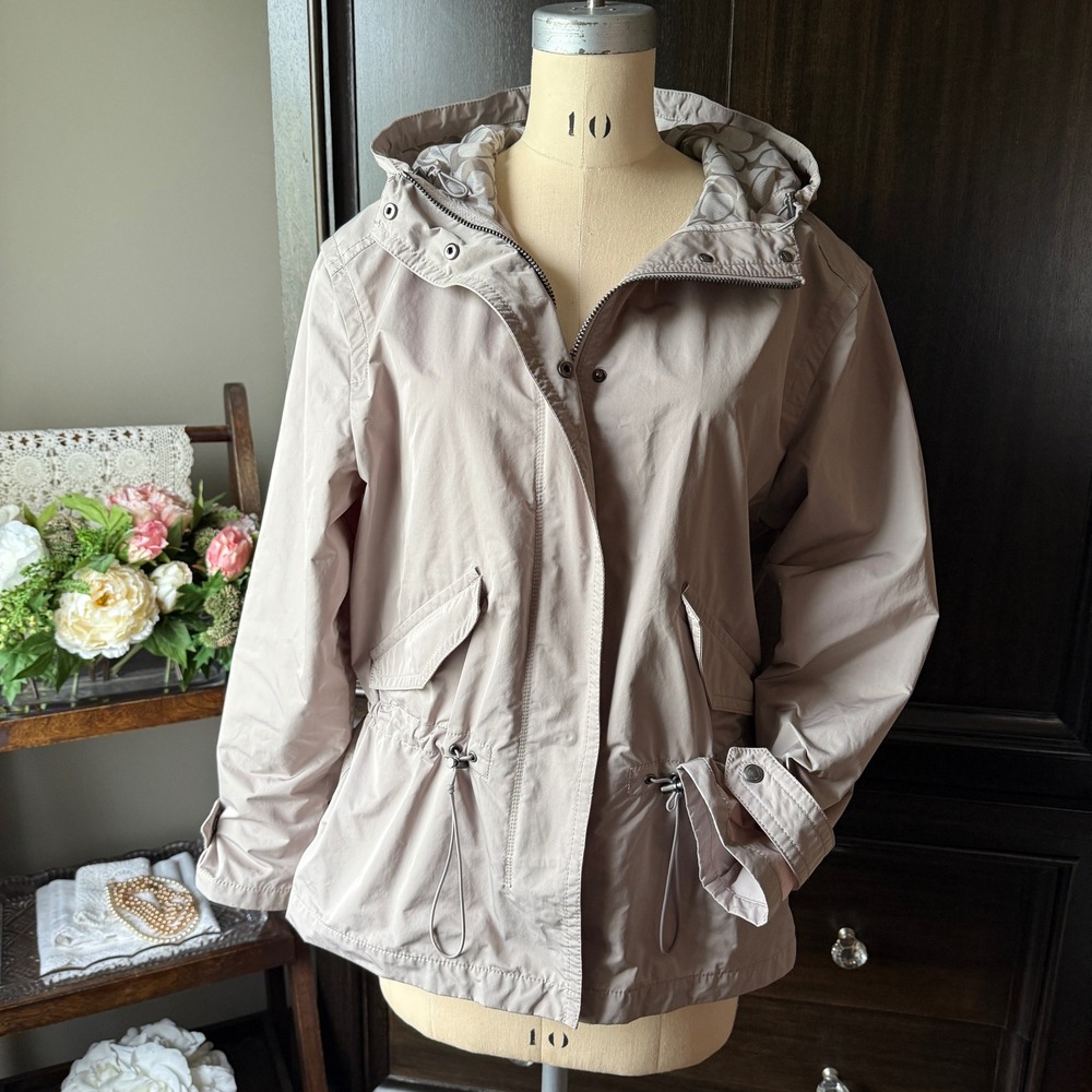 Coach Womens Taupe Hooded Anorak Jacket Signature Lining Drawstring Waist Size M